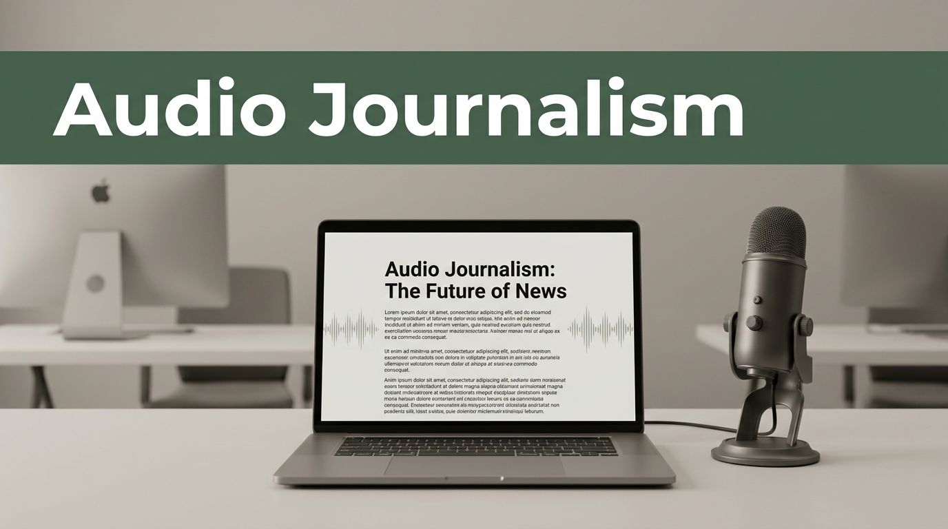 A laptop and studio microphone on a clean desk in a modern newsroom.