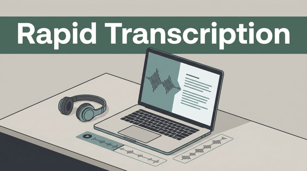 A laptop showing an audio waveform and text on a tidy desk with headphones.