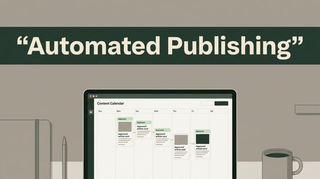 Laptop showing a scheduled content calendar beneath an Automated Publishing banner.