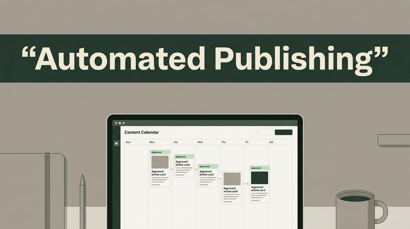 Laptop showing a scheduled content calendar beneath an Automated Publishing banner.