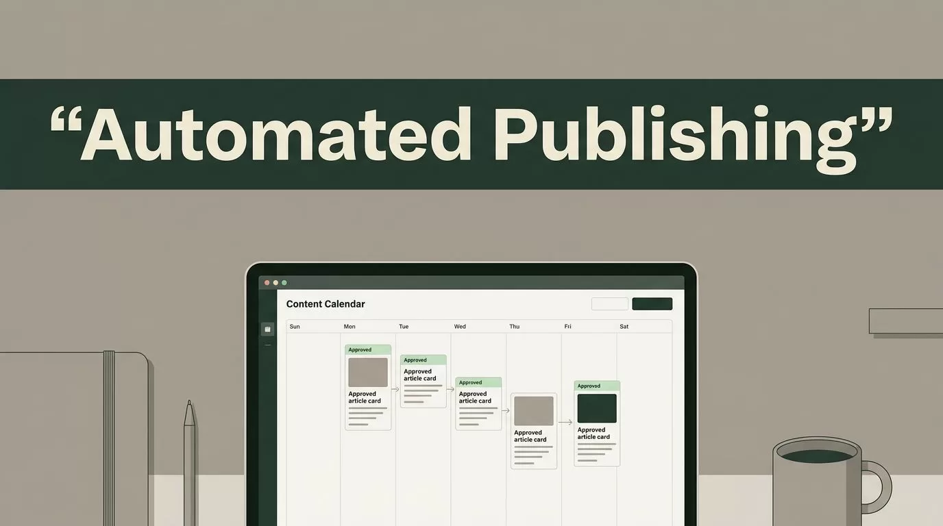 Laptop showing a scheduled content calendar beneath an Automated Publishing banner.