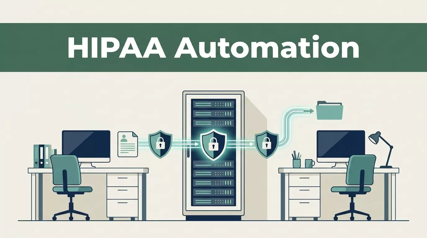 A secure healthcare server cabinet with glowing data workflows beneath a green header.