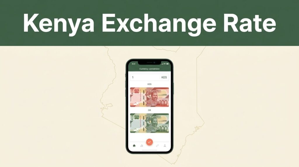 A smartphone showing currency exchange data next to Kenyan banknotes on a cream background.