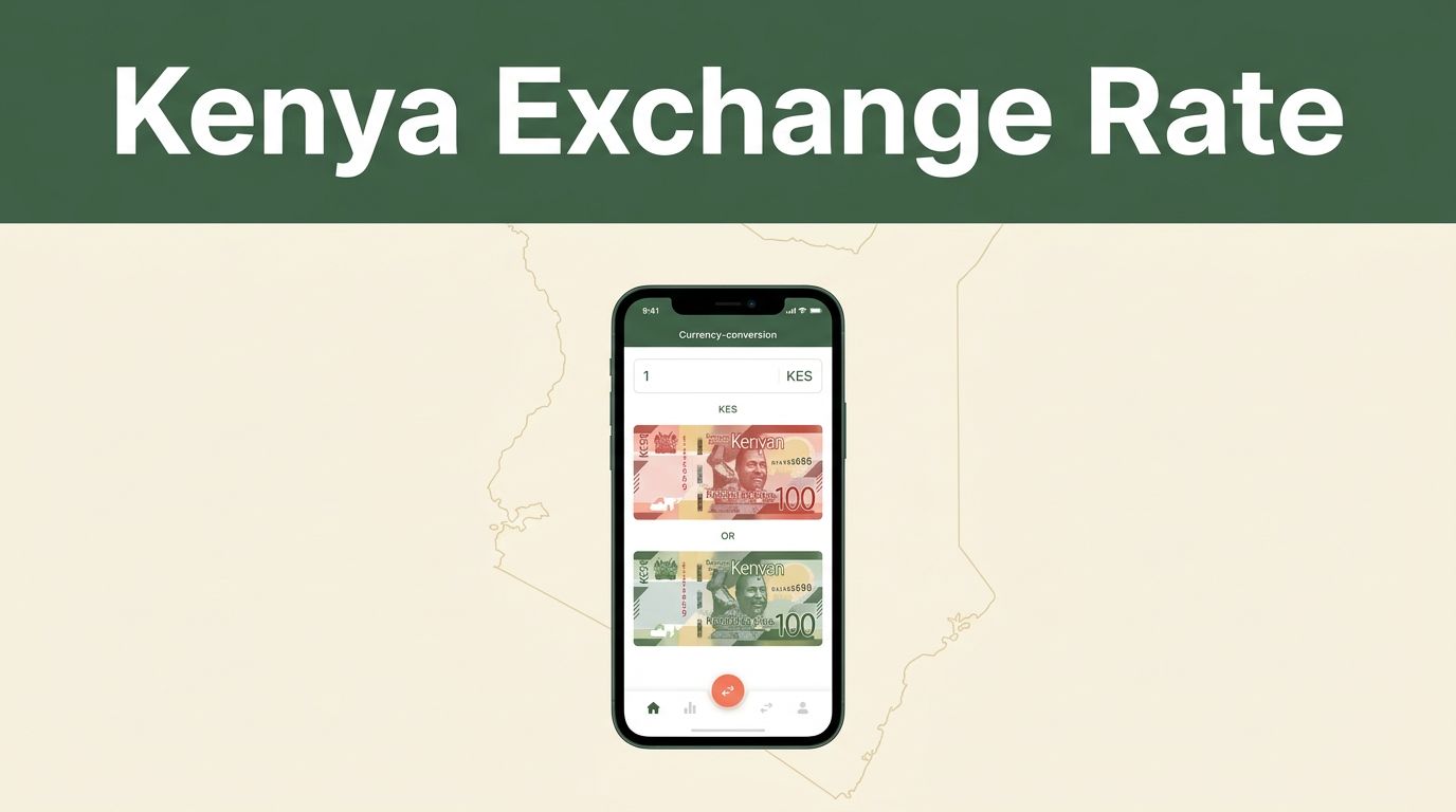 A smartphone showing currency exchange data next to Kenyan banknotes on a cream background.