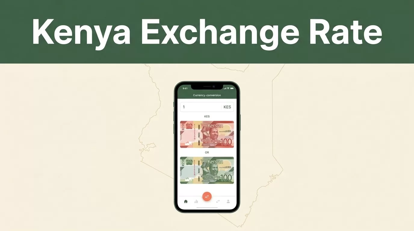 A smartphone showing currency exchange data next to Kenyan banknotes on a cream background.