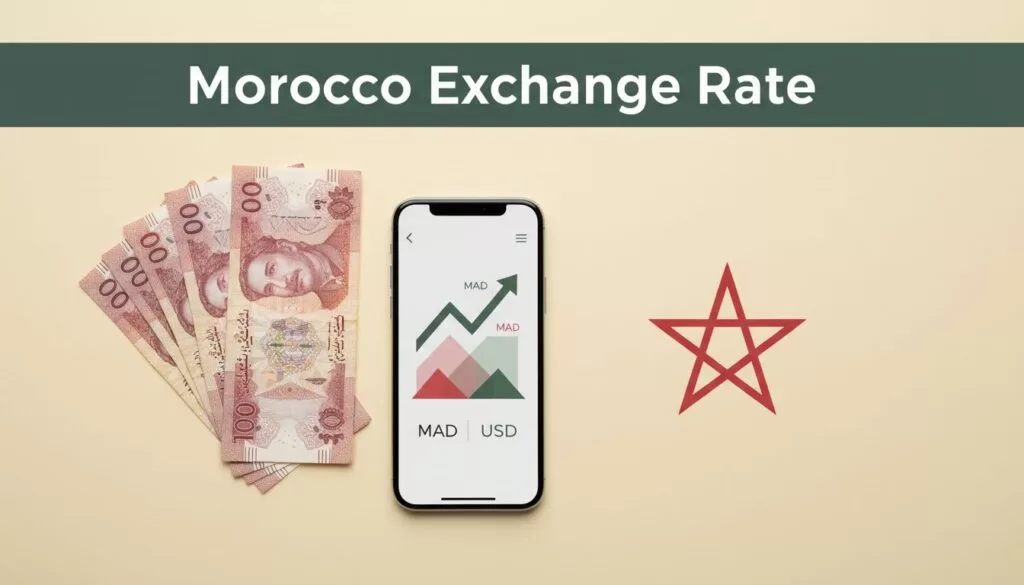 A smartphone showing a currency app and Moroccan banknotes on a cream table.