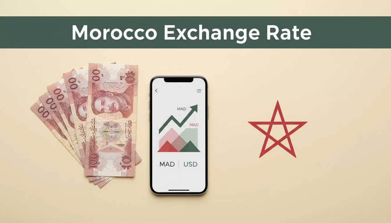 A smartphone showing a currency app and Moroccan banknotes on a cream table.