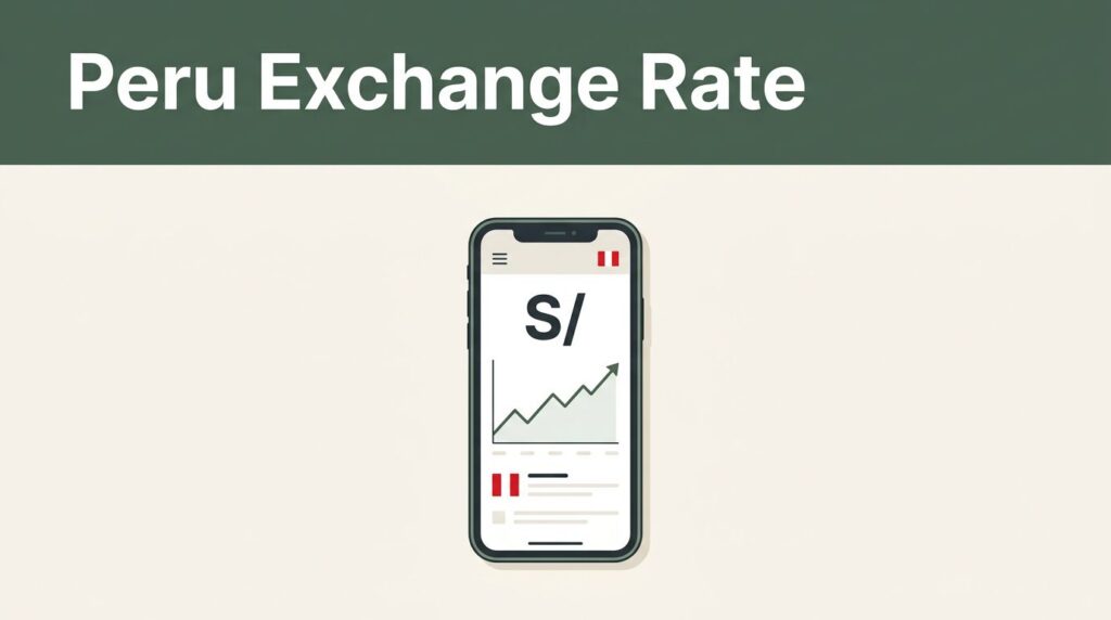 A smartphone displays a financial dashboard with a rising chart for the Peruvian sol.