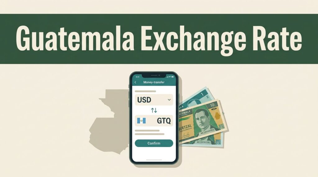 A smartphone showing a money transfer conversion rate next to Guatemalan banknotes.
