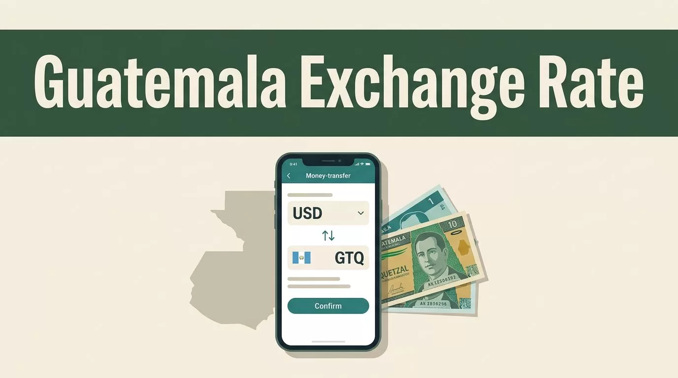 A smartphone showing a money transfer conversion rate next to Guatemalan banknotes.