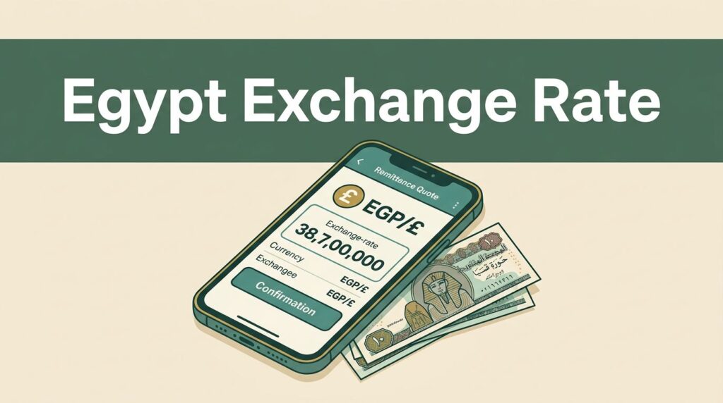 A smartphone showing an exchange rate quote and Egyptian pound notes on a cream surface.