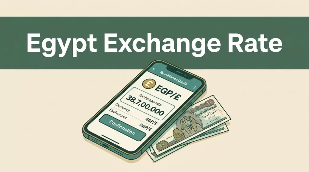 A smartphone showing an exchange rate quote and Egyptian pound notes on a cream surface.