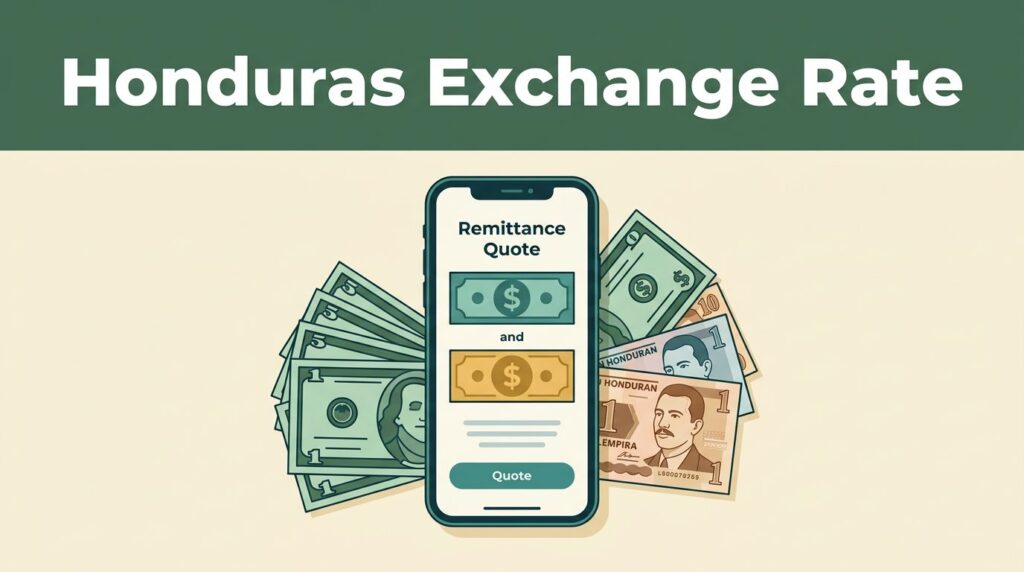 A smartphone showing a money transfer app beside US dollars and Honduran lempiras.