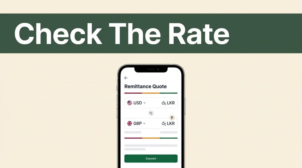 Smartphone showing currencies converting to Sri Lankan rupees beneath a green rate-check banner.