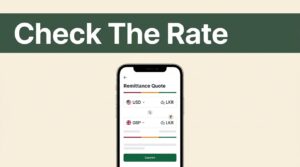 Smartphone showing currencies converting to Sri Lankan rupees beneath a green rate-check banner.