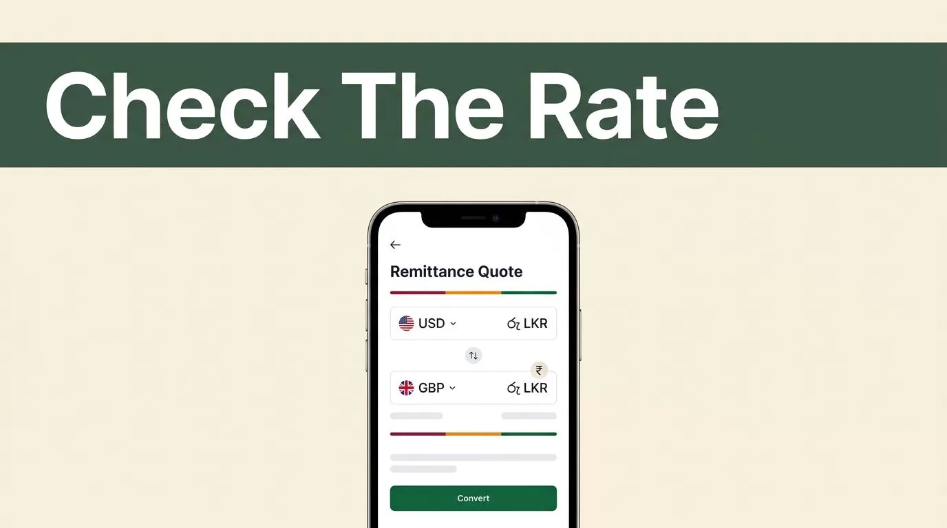 Smartphone showing currencies converting to Sri Lankan rupees beneath a green rate-check banner.