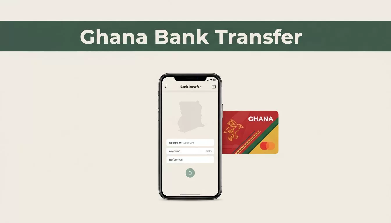 A smartphone and bank card on a warm background with a dark green header.