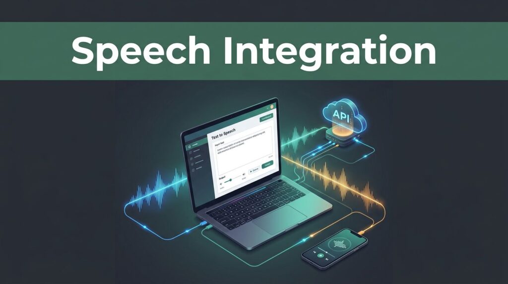 A laptop showing a text-to-speech dashboard linked by glowing audio waves to a cloud node and phone.