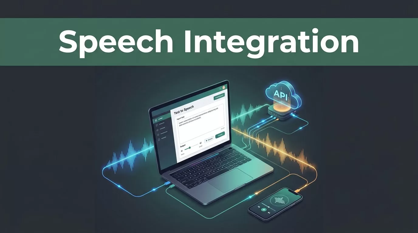A laptop showing a text-to-speech dashboard linked by glowing audio waves to a cloud node and phone.