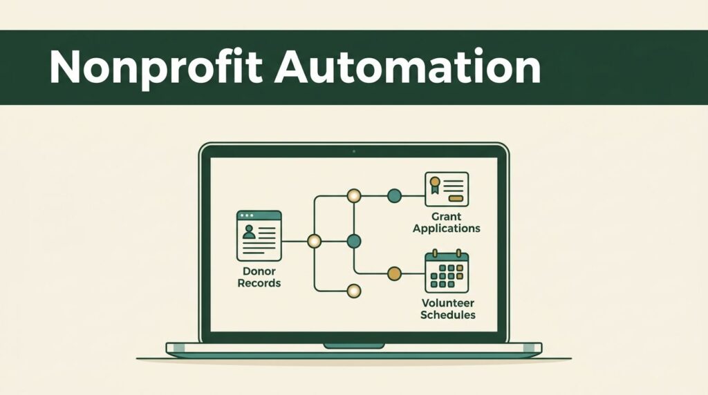 A laptop displaying a nonprofit workflow graphic against a cream and green background.