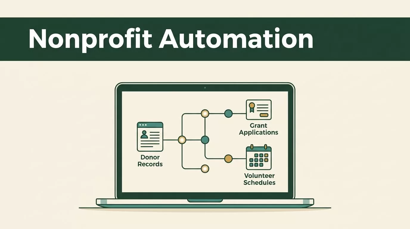 A laptop displaying a nonprofit workflow graphic against a cream and green background.