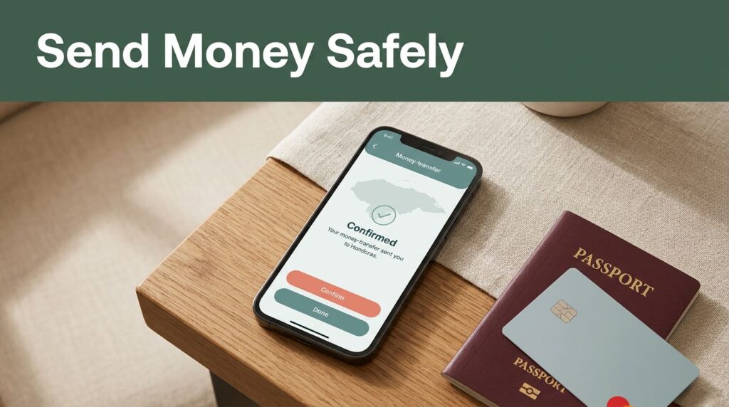 A smartphone showing a money transfer app next to a passport on a wooden desk.