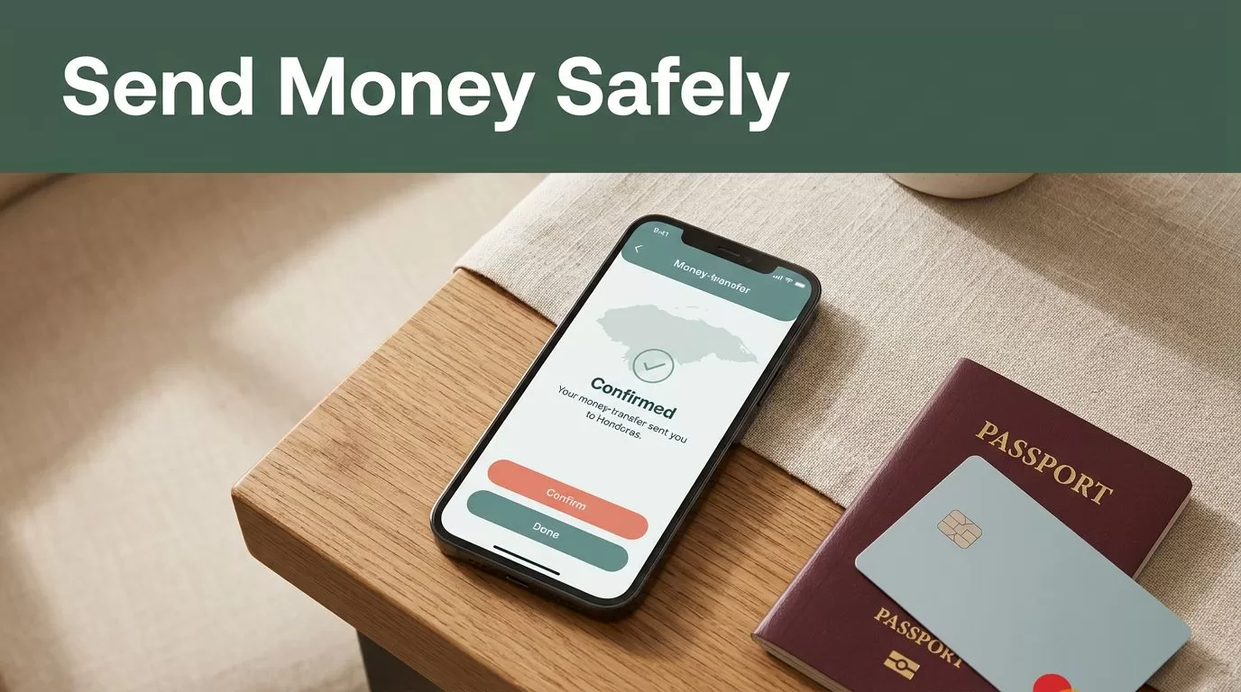 A smartphone showing a money transfer app next to a passport on a wooden desk.
