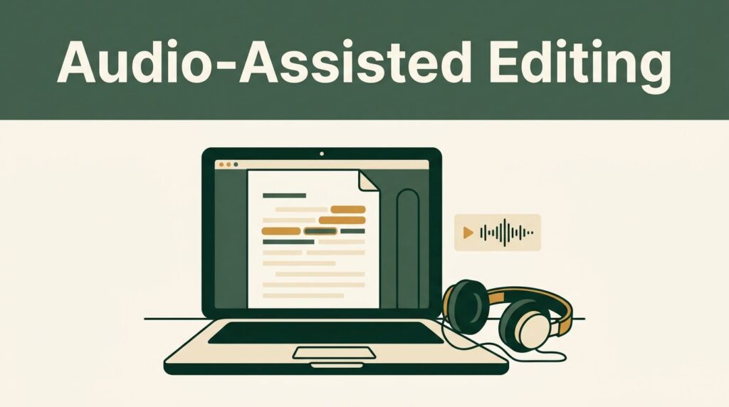 An open laptop with highlighted text, headphones, and an audio waveform on a desk.