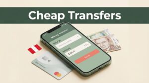 A smartphone with a transfer app next to a debit card and Peruvian currency.