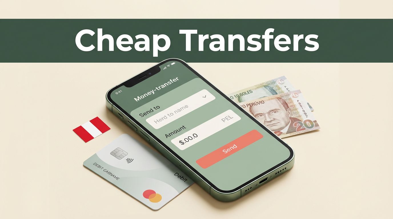 A smartphone with a transfer app next to a debit card and Peruvian currency.