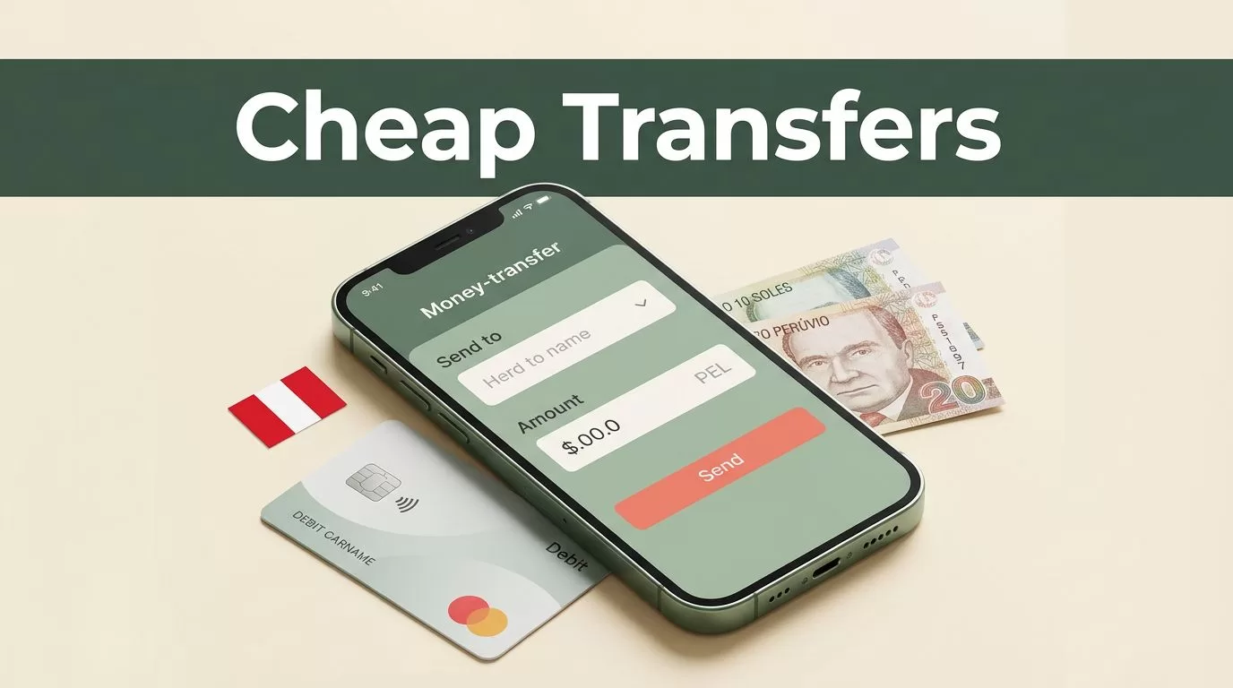 A smartphone with a transfer app next to a debit card and Peruvian currency.