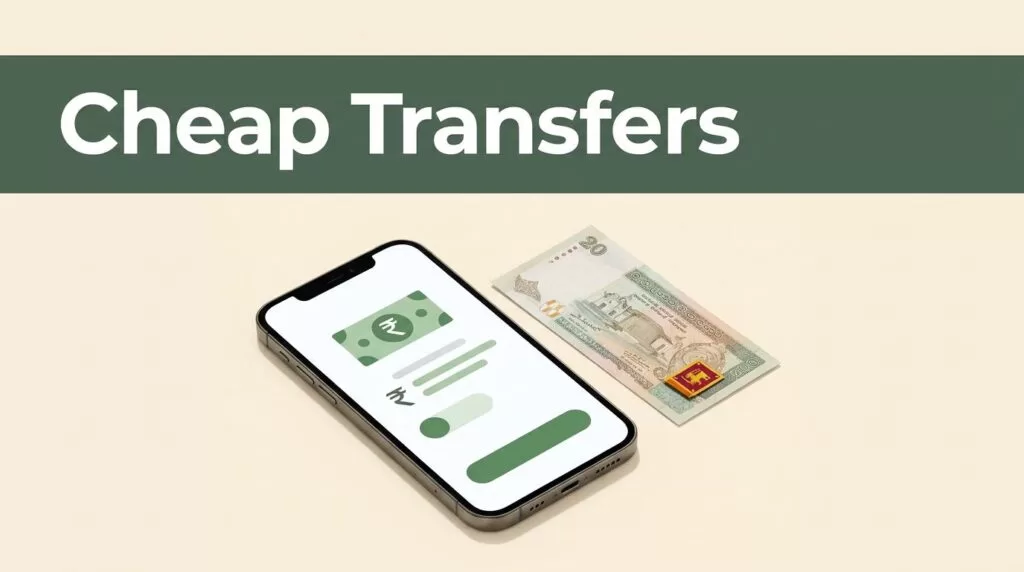 A smartphone displaying a money transfer screen next to a Sri Lankan currency note.