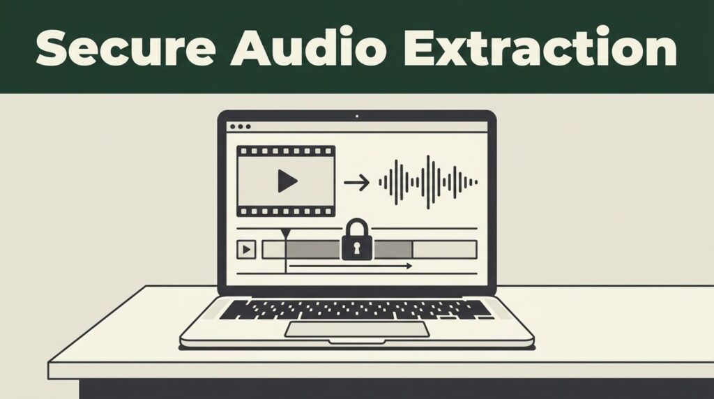 Laptop showing a video timeline, audio waveform, and secure file icon.