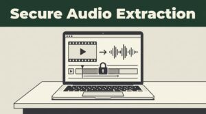Laptop showing a video timeline, audio waveform, and secure file icon.
