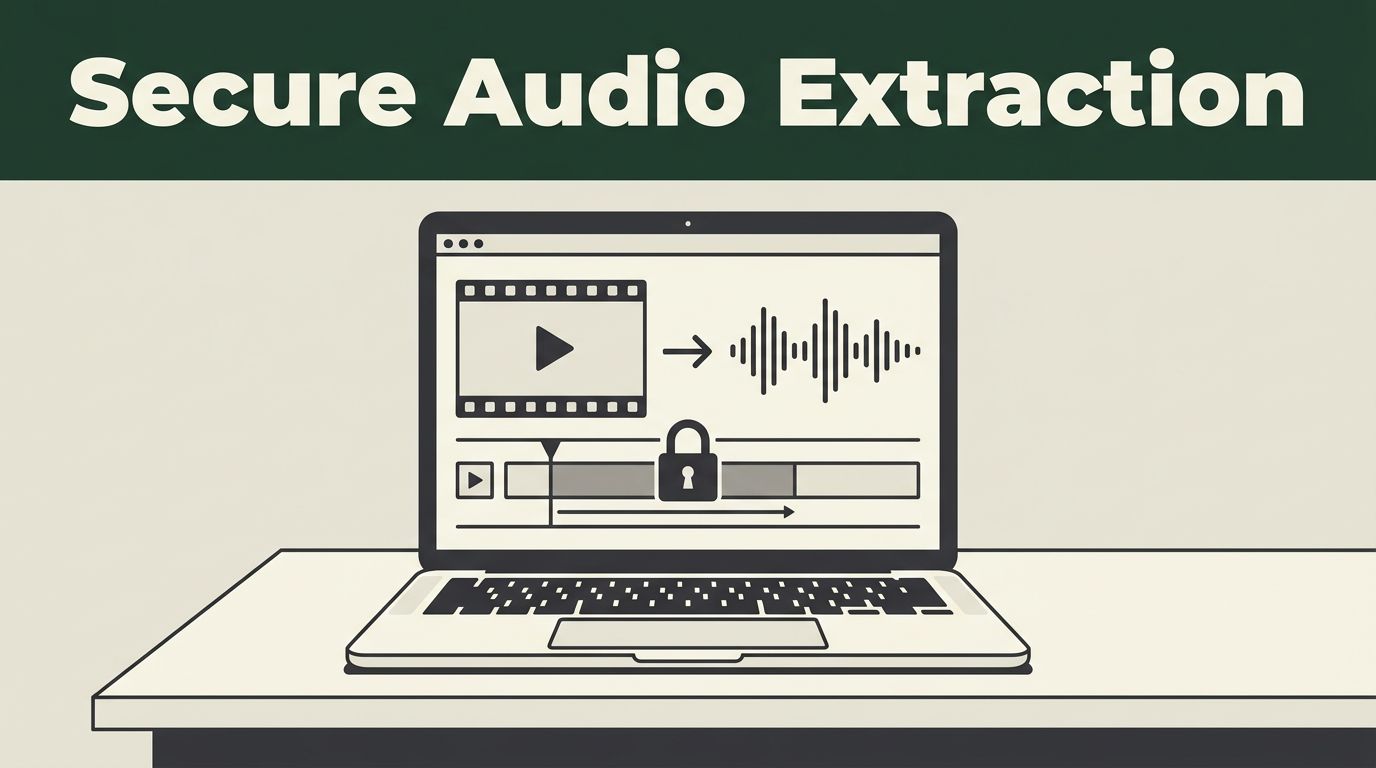 Laptop showing a video timeline, audio waveform, and secure file icon.