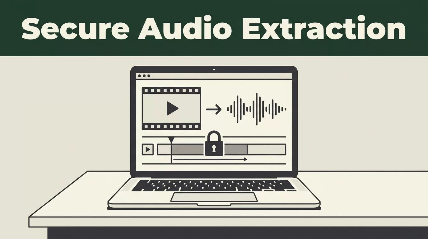 Laptop showing a video timeline, audio waveform, and secure file icon.