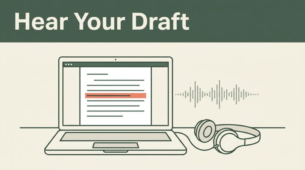 An open laptop with a highlighted manuscript line and headphones on a cream desk.