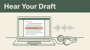An open laptop with a highlighted manuscript line and headphones on a cream desk.