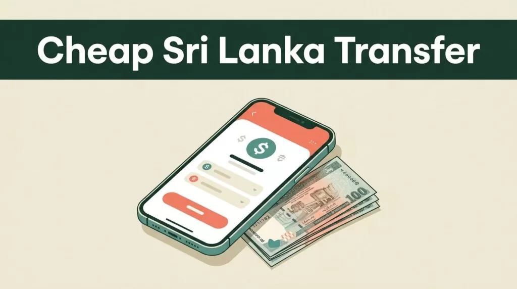 A smartphone and Sri Lankan rupee notes beneath a green transfer headline banner.