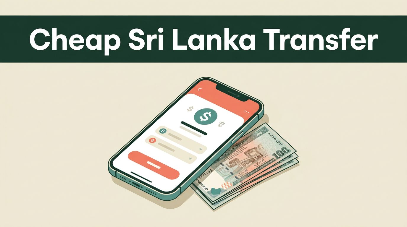 A smartphone and Sri Lankan rupee notes beneath a green transfer headline banner.