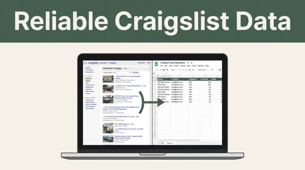 Laptop showing Craigslist listings connected to a spreadsheet dashboard.