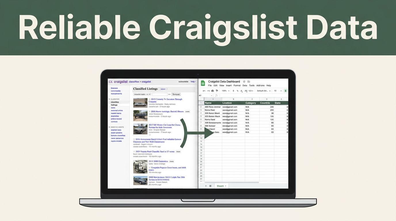 Laptop showing Craigslist listings connected to a spreadsheet dashboard.