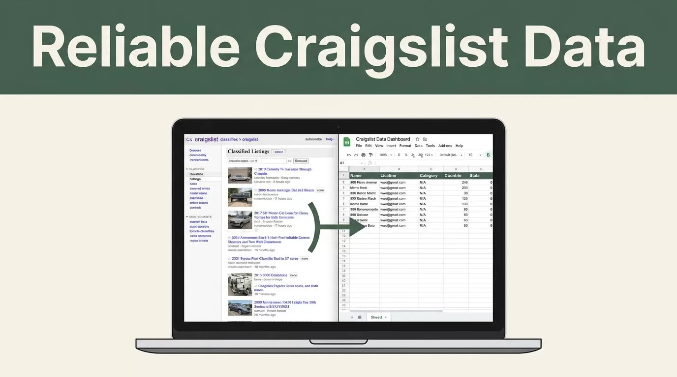Laptop showing Craigslist listings connected to a spreadsheet dashboard.