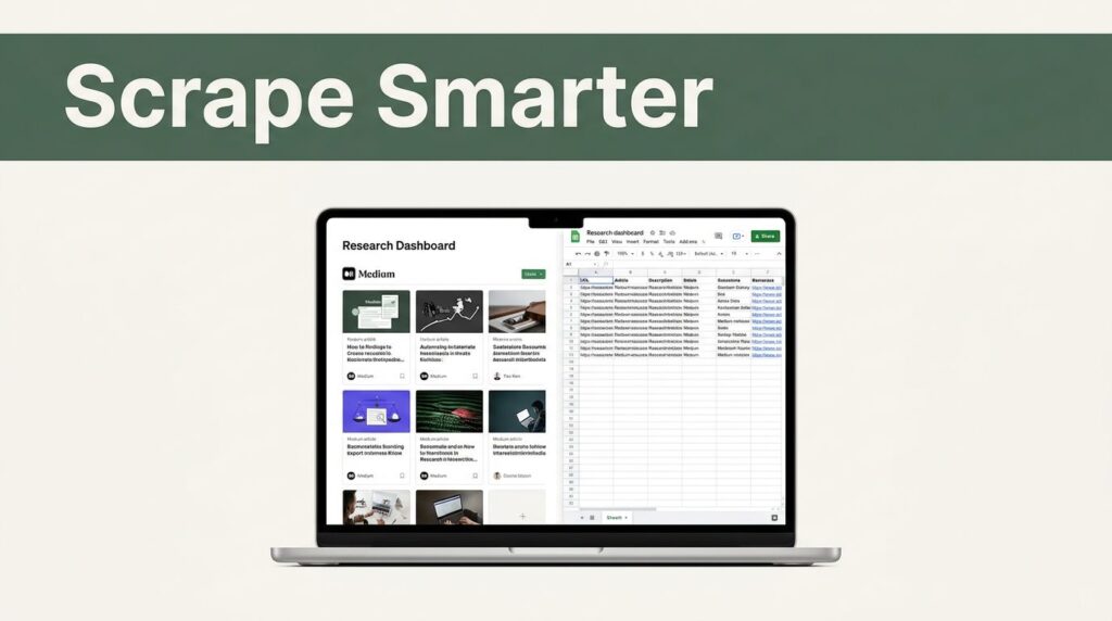 Laptop displaying article cards flowing into a spreadsheet beneath a green Scrape Smarter banner.