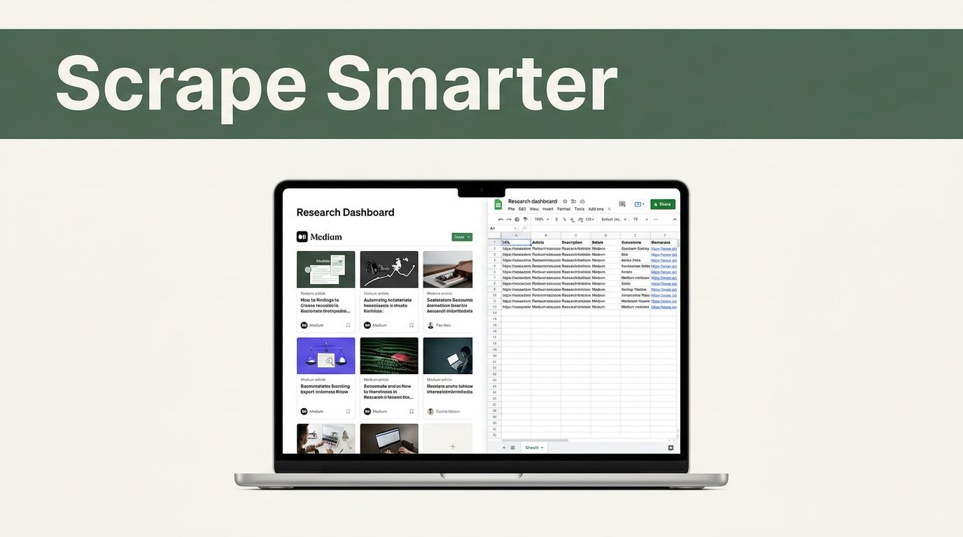 Laptop displaying article cards flowing into a spreadsheet beneath a green Scrape Smarter banner.