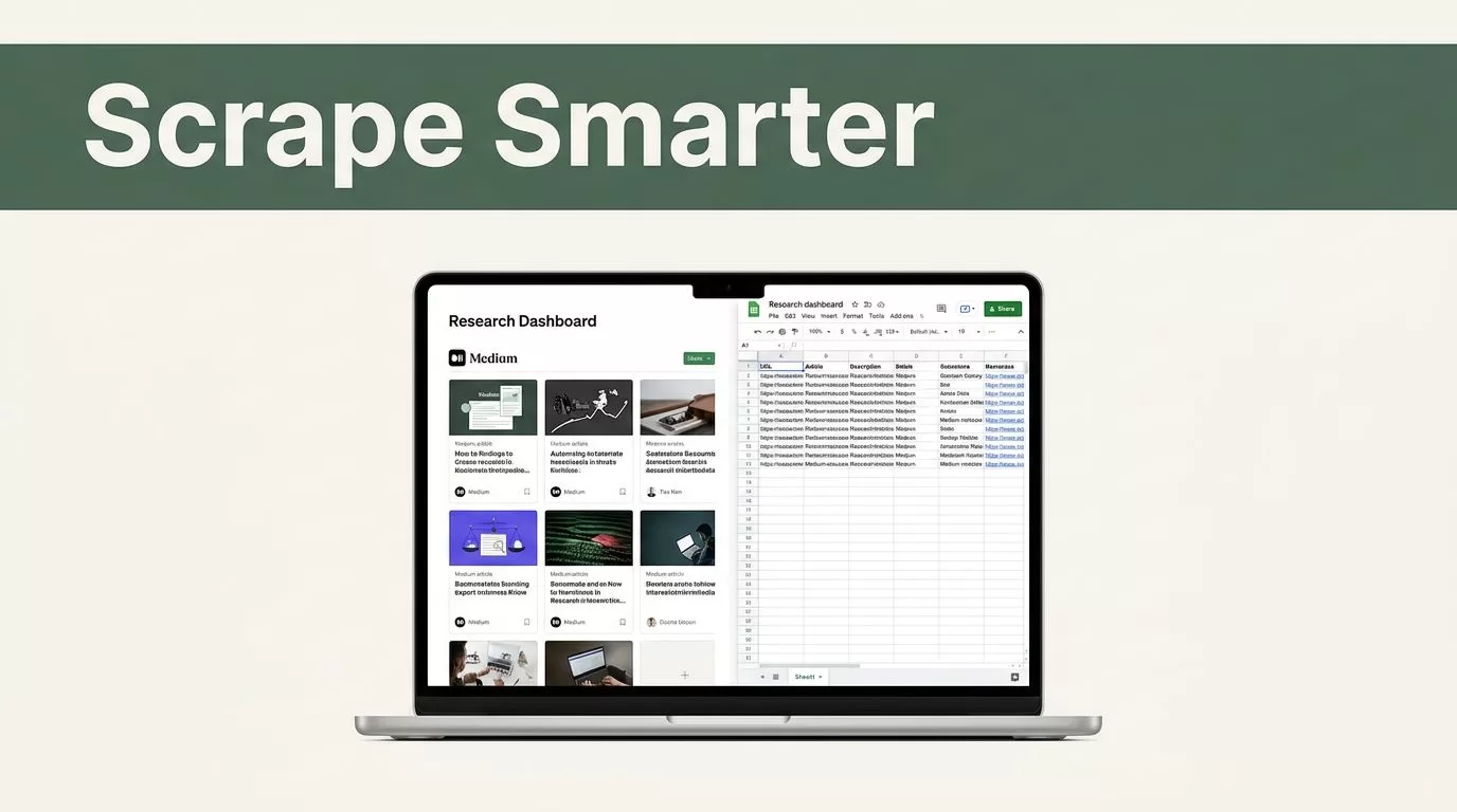Laptop displaying article cards flowing into a spreadsheet beneath a green Scrape Smarter banner.