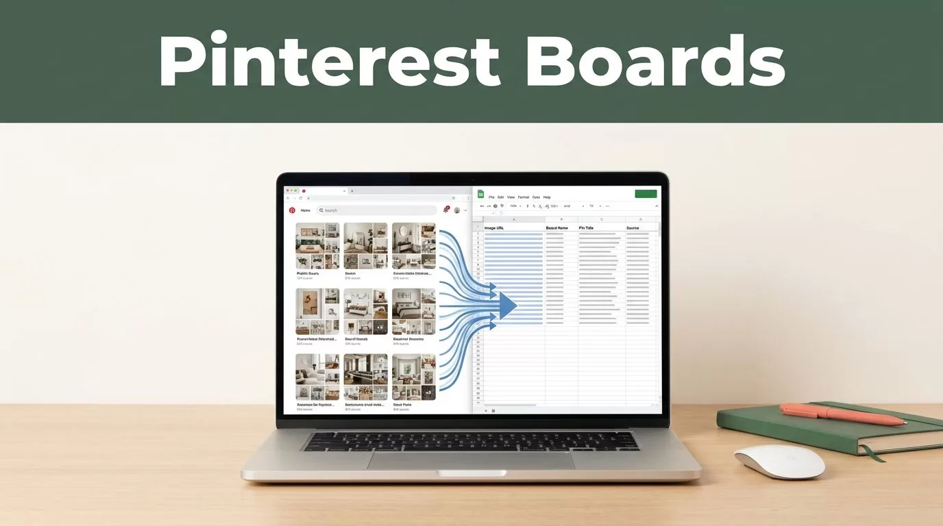 Laptop showing Pinterest-style boards flowing into a spreadsheet beneath a green banner.