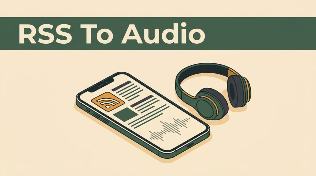 A smartphone and headphones showing an article feed flowing into an audio waveform.