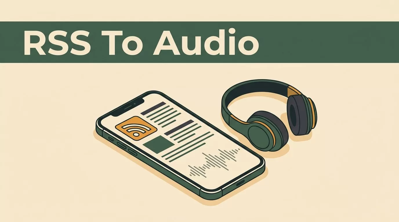 A smartphone and headphones showing an article feed flowing into an audio waveform.