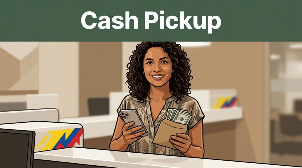 An Ecuadorian woman smiling with cash and a smartphone at a pickup counter.